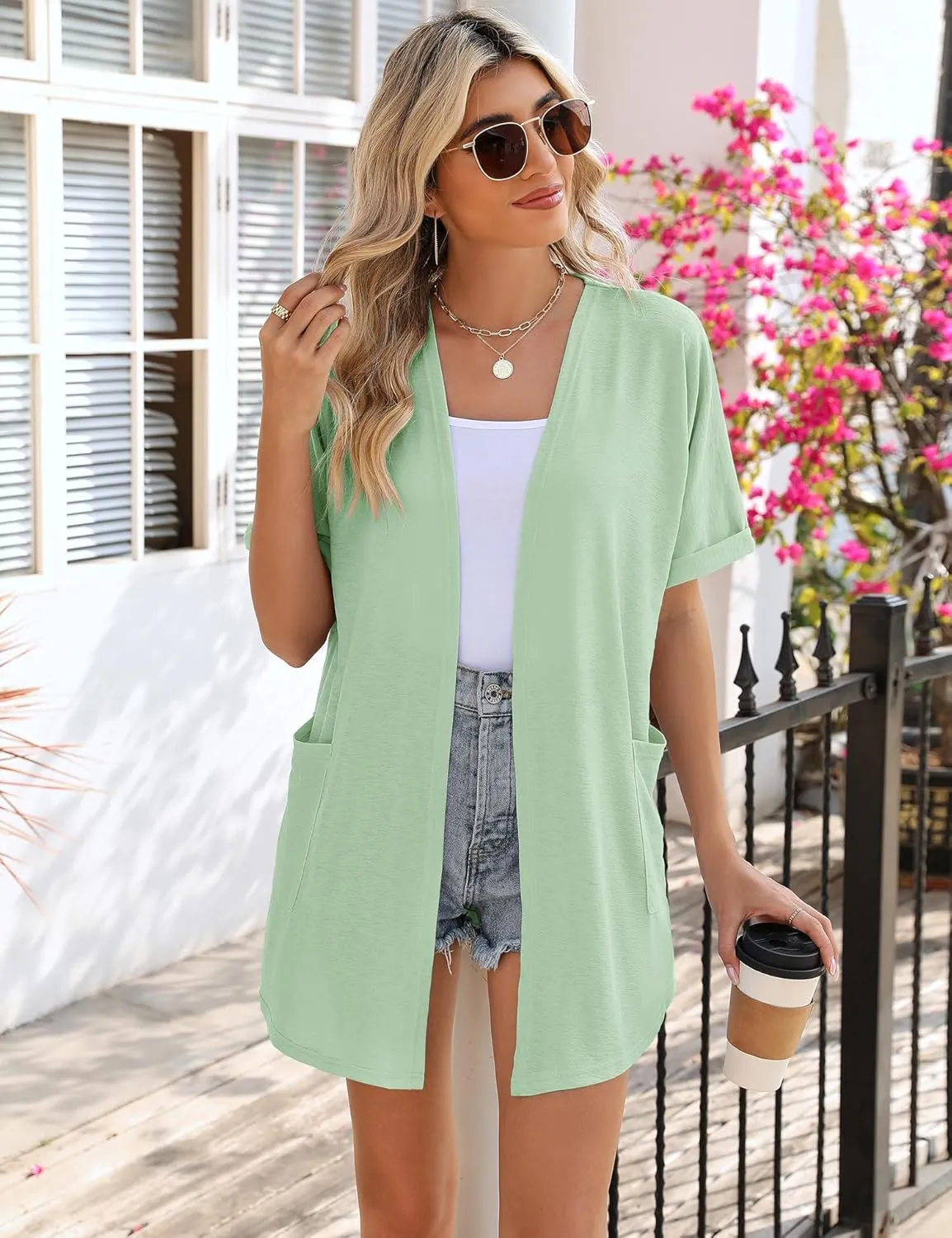 LOMON Women's Cardigans Open Front Lightweight Long Cardigan Summer Short Sleeve Casual Cover Ups with Pockets