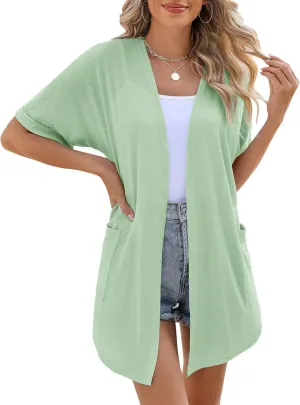 LOMON Women's Cardigans Open Front Lightweight Long Cardigan Summer Short Sleeve Casual Cover Ups with Pockets