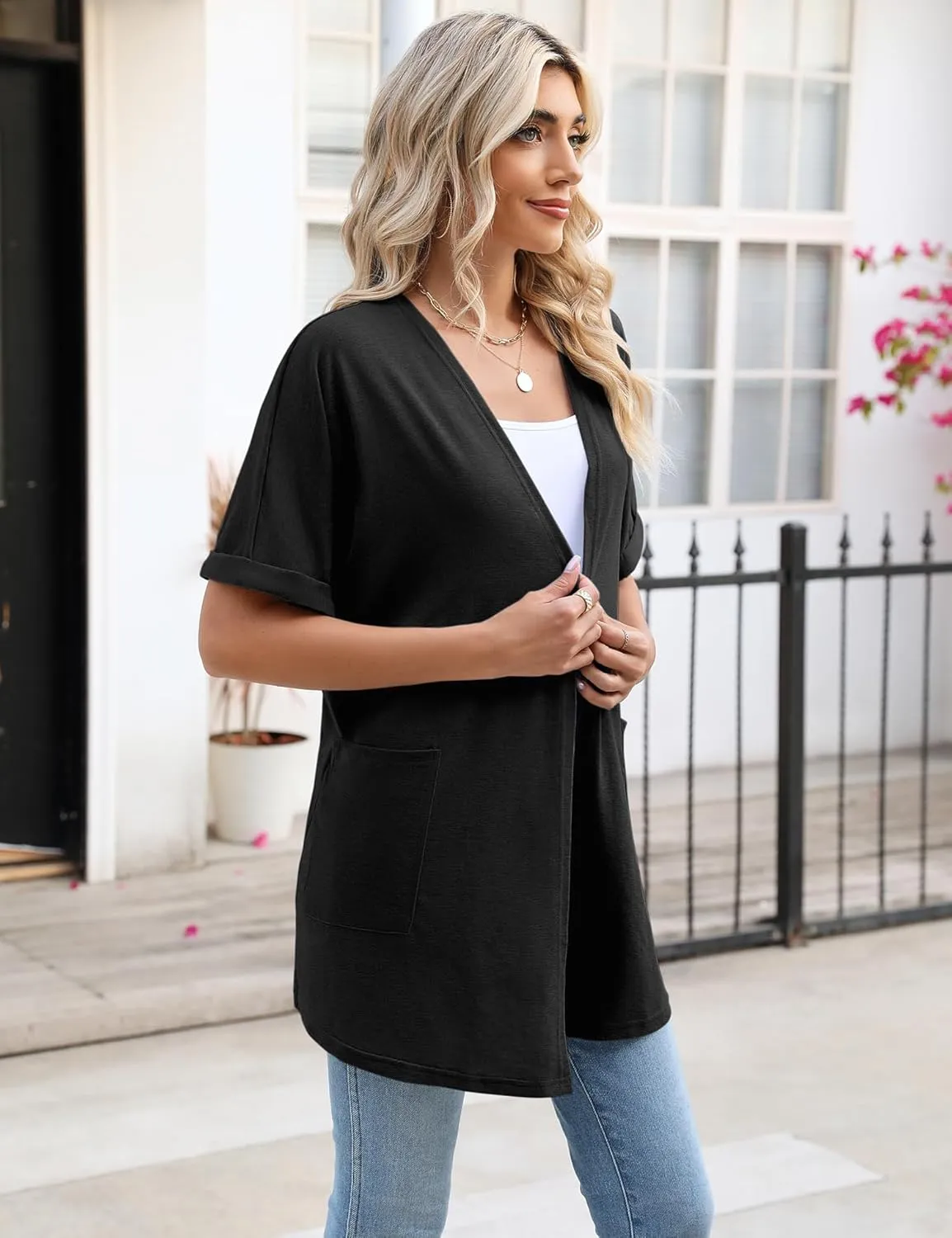 LOMON Women's Cardigans Open Front Lightweight Long Cardigan Summer Short Sleeve Casual Cover Ups with Pockets
