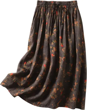 Long Flowy Skirts for Women Summer Cotton Linen High Waisted Elastic Pockets Double Layer Floral Maxi Vacation Outfits