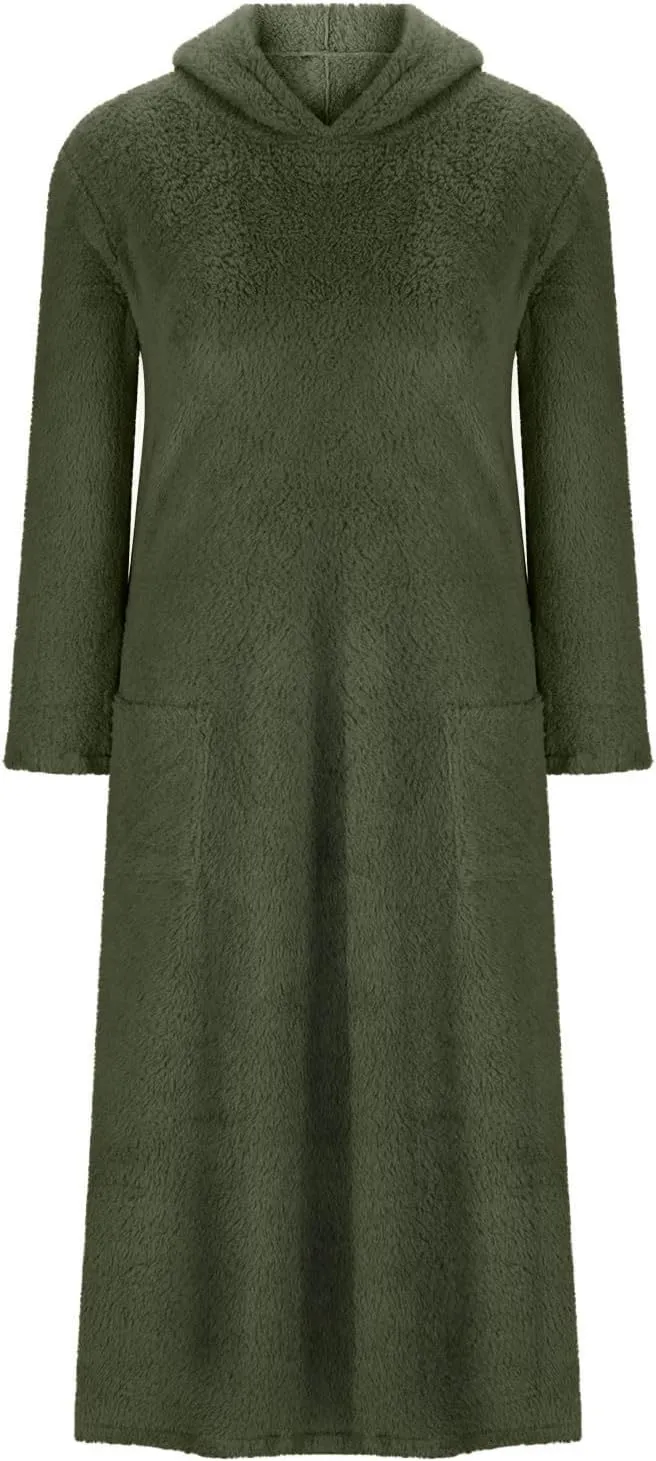 Long Sleeve Dress for Women 2024 Winter Warm Fluffy Fuzzy Hooded Dress Casual Plush Midi Dress Nightgown with Pockets