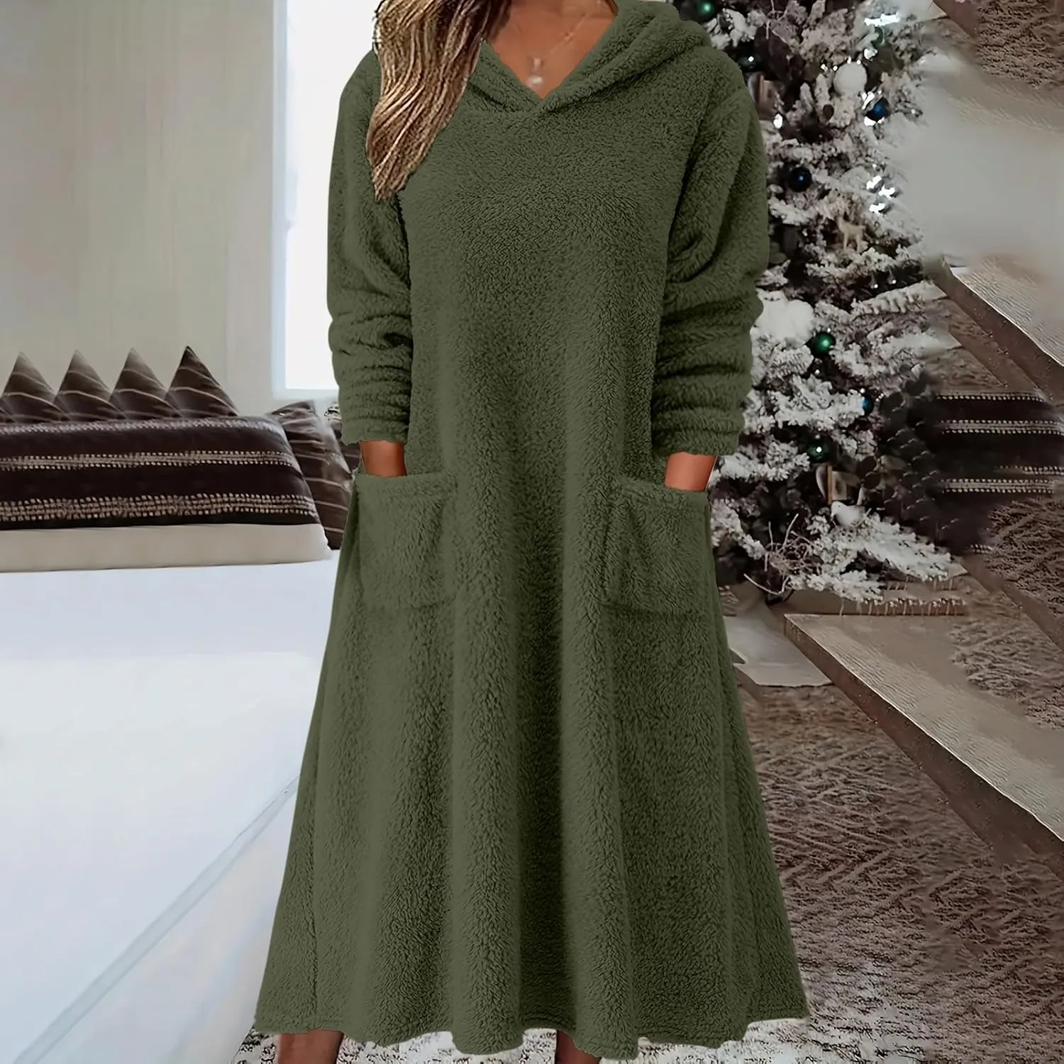 Long Sleeve Dress for Women 2024 Winter Warm Fluffy Fuzzy Hooded Dress Casual Plush Midi Dress Nightgown with Pockets