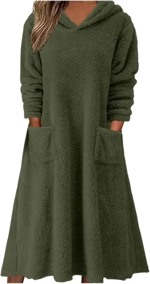 Long Sleeve Dress for Women 2024 Winter Warm Fluffy Fuzzy Hooded Dress Casual Plush Midi Dress Nightgown with Pockets