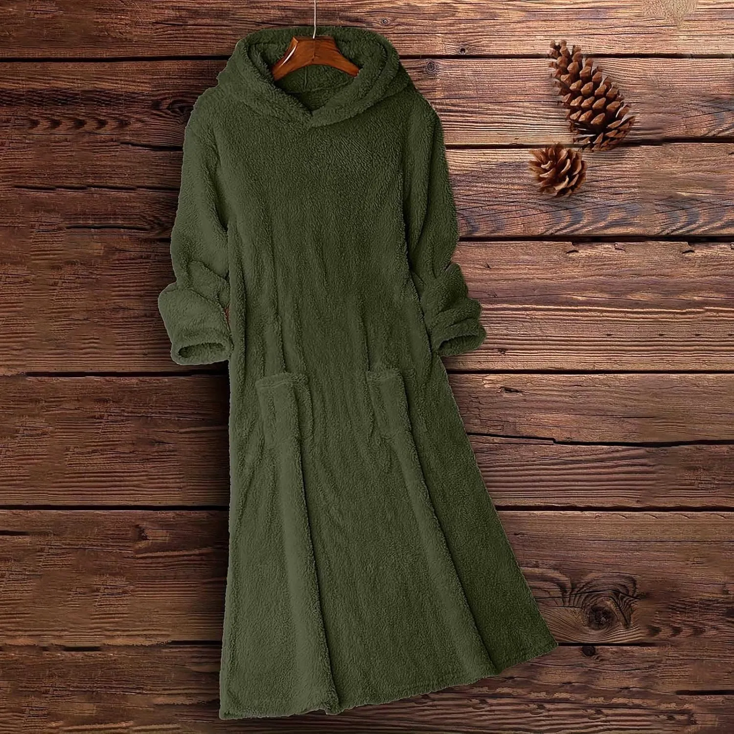 Long Sleeve Dress for Women 2024 Winter Warm Fluffy Fuzzy Hooded Dress Casual Plush Midi Dress Nightgown with Pockets