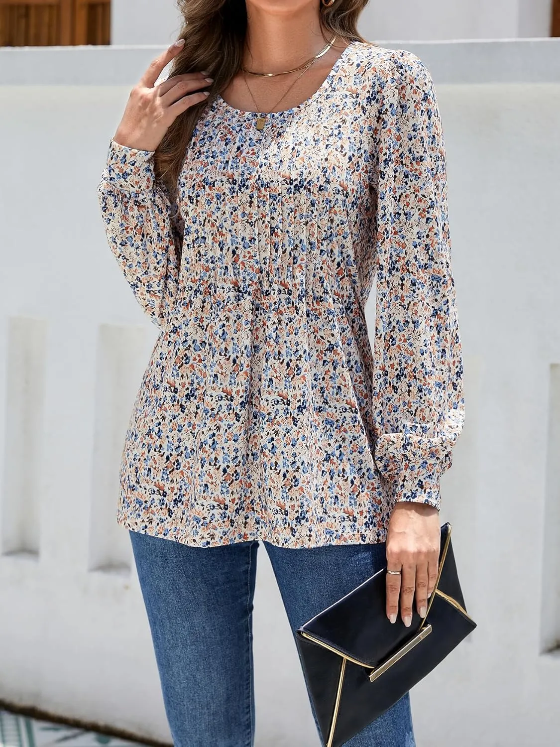 Long Sleeve Shirts For Women Fall Fashion 2025 Womens Tunic Tops Pleated Crew Neck Puff Sleeve Blouses Dressy Casual