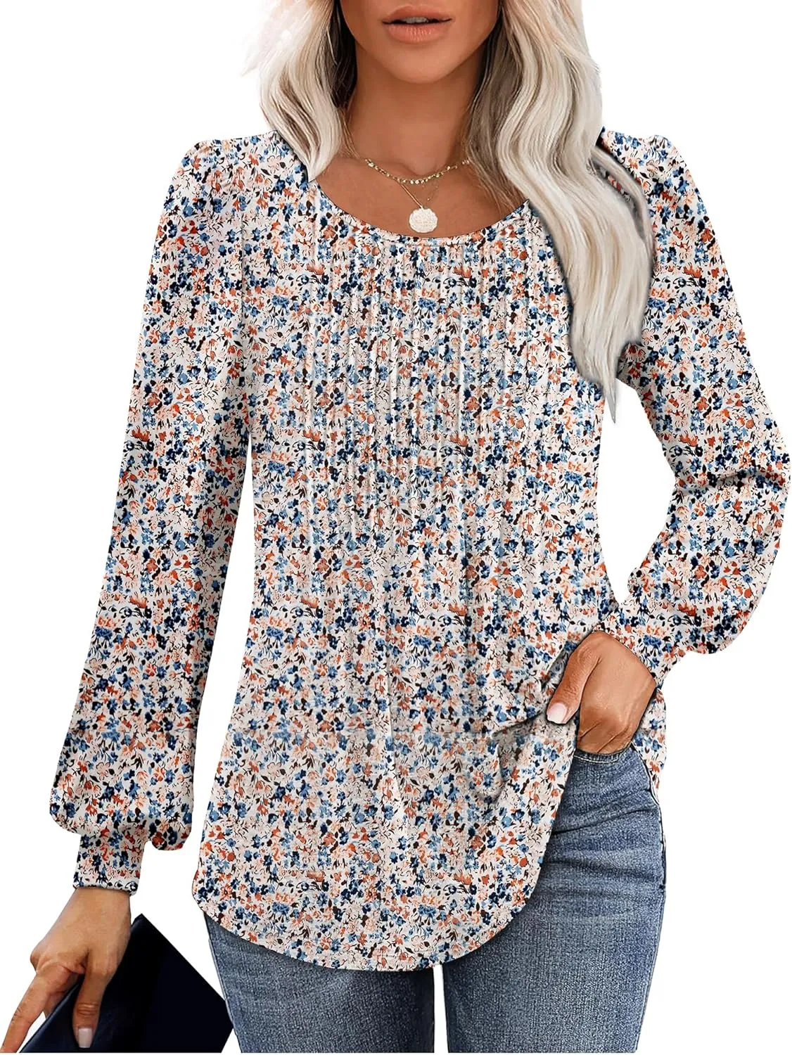 Long Sleeve Shirts For Women Fall Fashion 2025 Womens Tunic Tops Pleated Crew Neck Puff Sleeve Blouses Dressy Casual