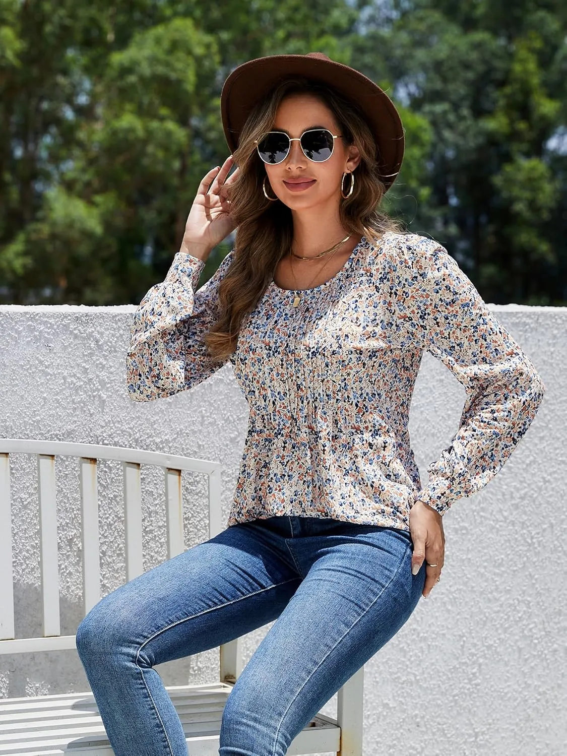 Long Sleeve Shirts For Women Fall Fashion 2025 Womens Tunic Tops Pleated Crew Neck Puff Sleeve Blouses Dressy Casual