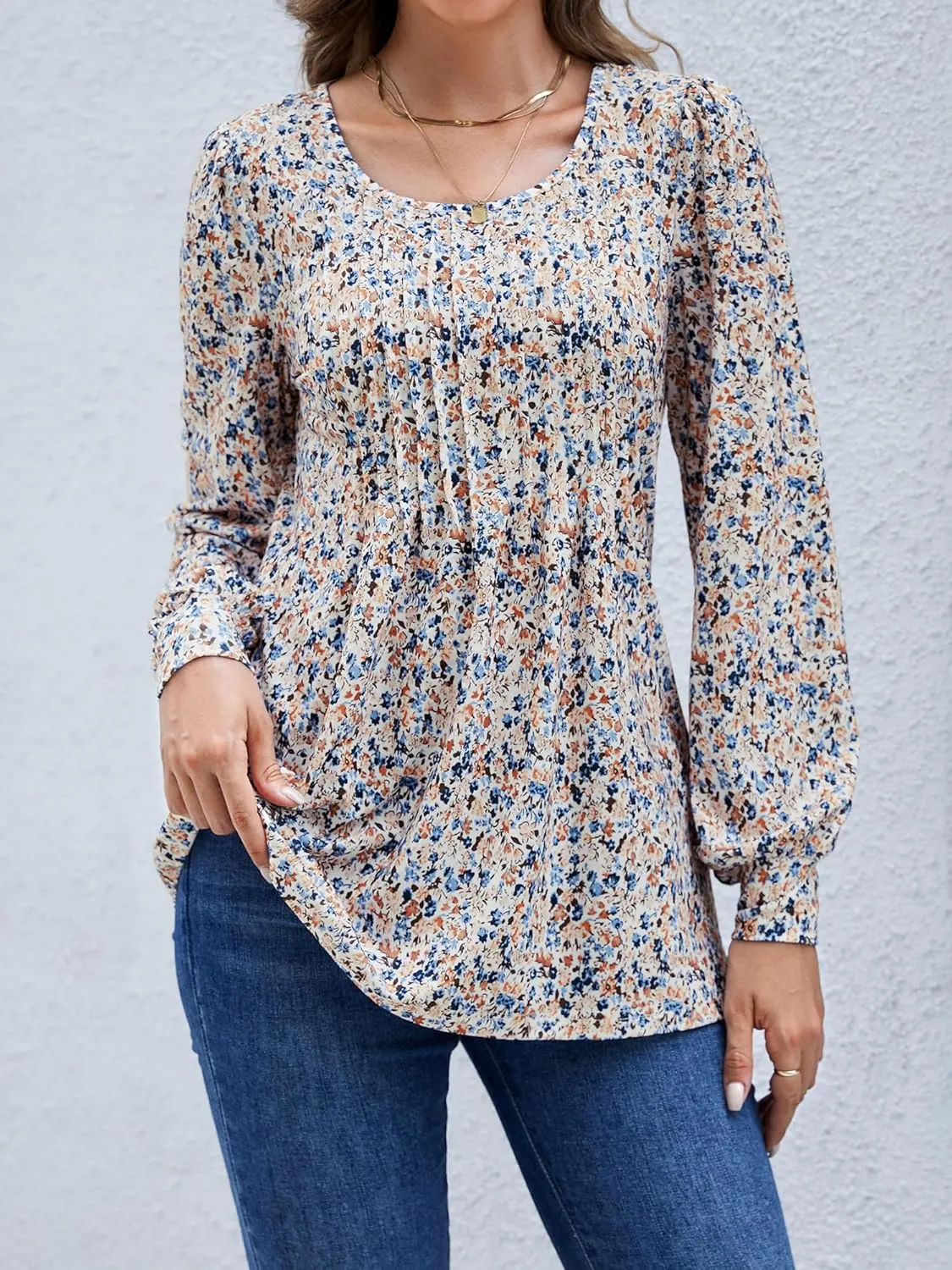 Long Sleeve Shirts For Women Fall Fashion 2025 Womens Tunic Tops Pleated Crew Neck Puff Sleeve Blouses Dressy Casual