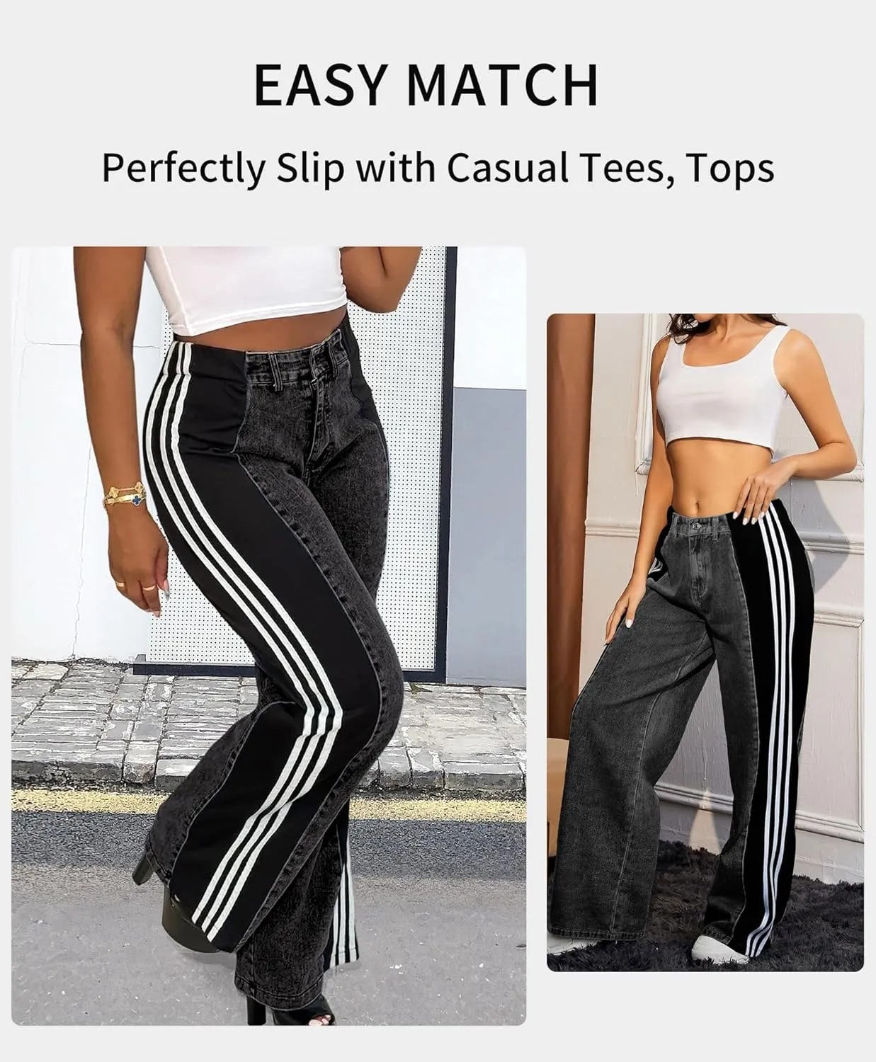 LONGBIDA Women's High Waisted Jeans Two Tone Stretchy Baggy Trendy Wide Leg Denim Pants