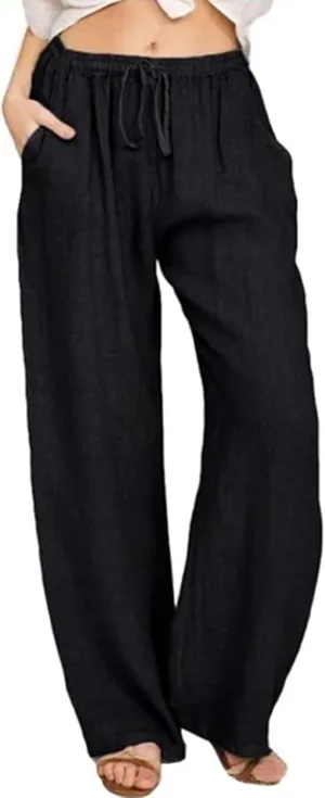 loveimgs Women's Casual Wide Leg Elastic Waist Loose Lightweight Summer Linen Beach Pants Drawstring