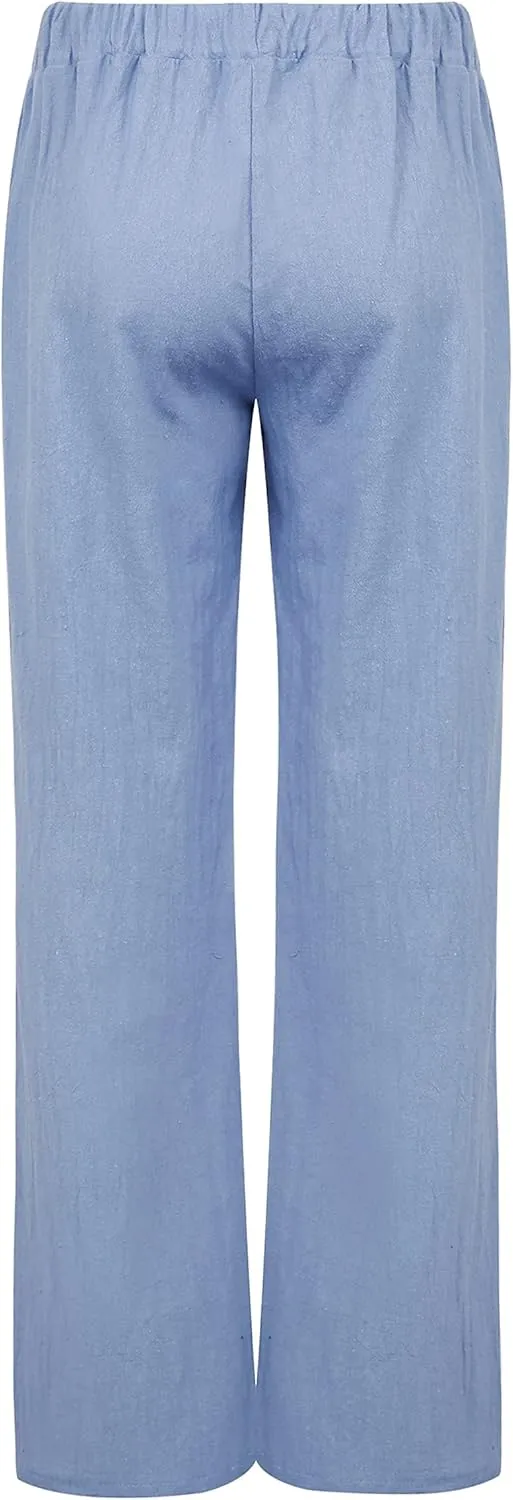 loveimgs Women's Casual Wide Leg Elastic Waist Loose Lightweight Summer Linen Beach Pants Drawstring