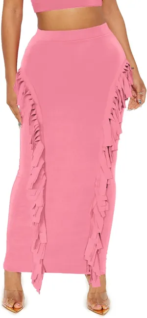 Lrady Womens Fringe Pencil Skirt Side Tassel Slim Elastic High Waist Elegant Party Club Bodycon Maxi Long Skirts