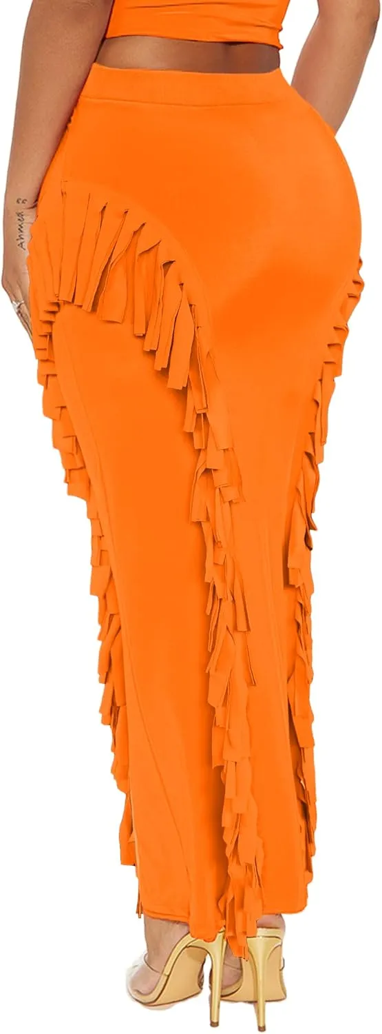 Lrady Womens Fringe Pencil Skirt Side Tassel Slim Elastic High Waist Elegant Party Club Bodycon Maxi Long Skirts