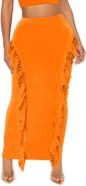 Lrady Womens Fringe Pencil Skirt Side Tassel Slim Elastic High Waist Elegant Party Club Bodycon Maxi Long Skirts