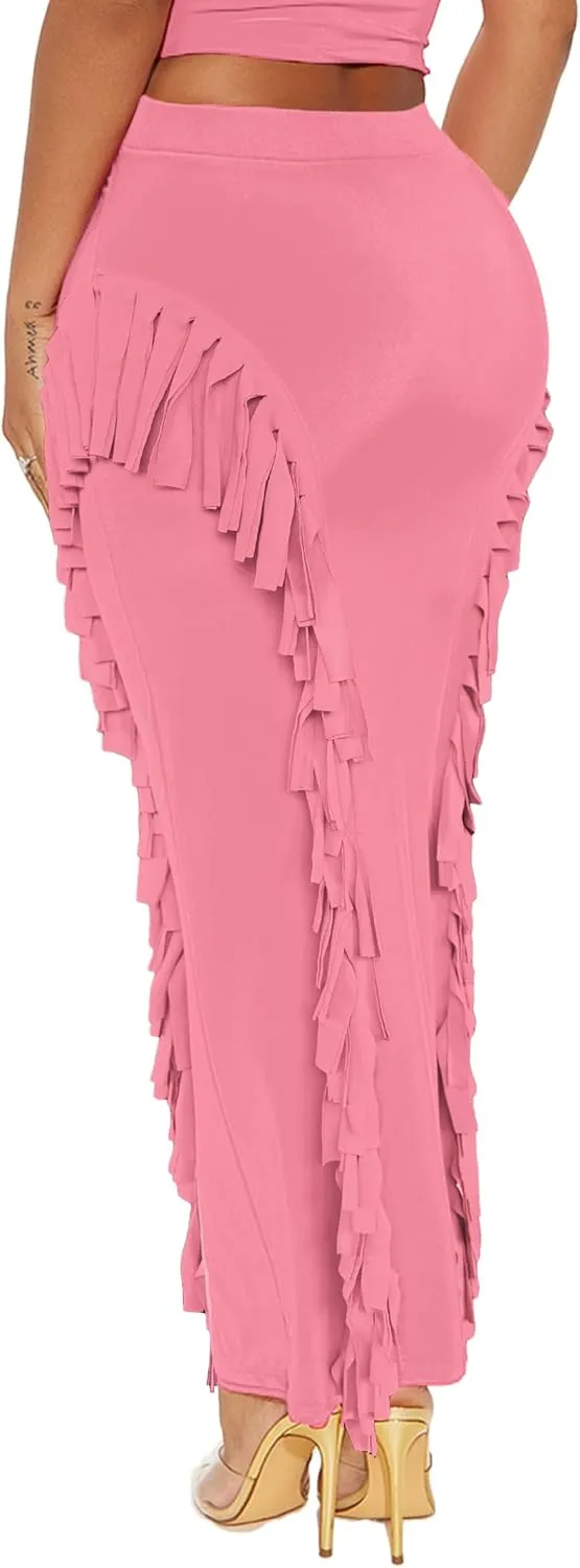 Lrady Womens Fringe Pencil Skirt Side Tassel Slim Elastic High Waist Elegant Party Club Bodycon Maxi Long Skirts