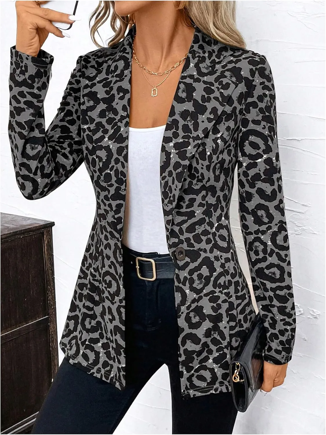 MakeMeChic Women's Houndstooth Blazer Jacket Button Down Long Sleeve Work Casual Blazer