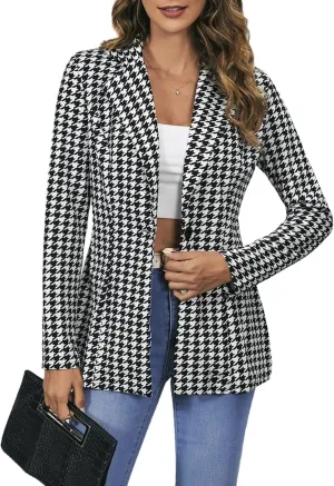 MakeMeChic Women's Houndstooth Blazer Jacket Button Down Long Sleeve Work Casual Blazer