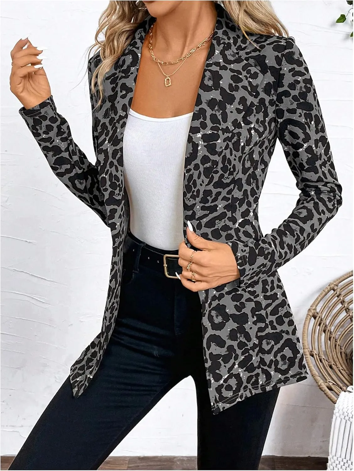 MakeMeChic Women's Houndstooth Blazer Jacket Button Down Long Sleeve Work Casual Blazer