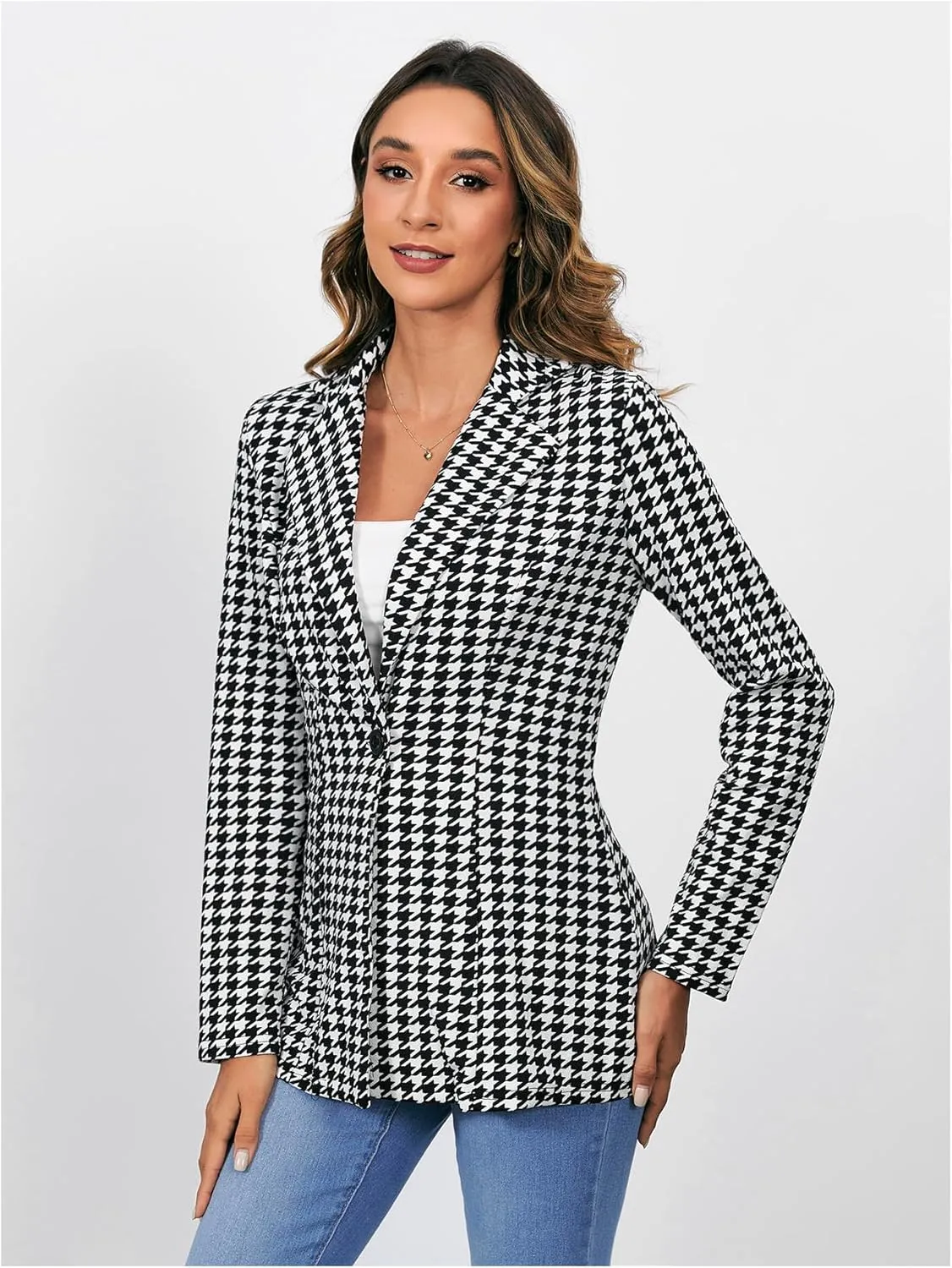 MakeMeChic Women's Houndstooth Blazer Jacket Button Down Long Sleeve Work Casual Blazer