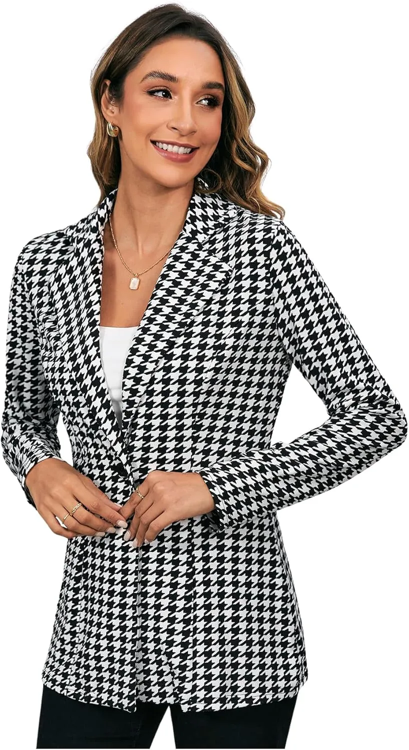 MakeMeChic Women's Houndstooth Blazer Jacket Button Down Long Sleeve Work Casual Blazer