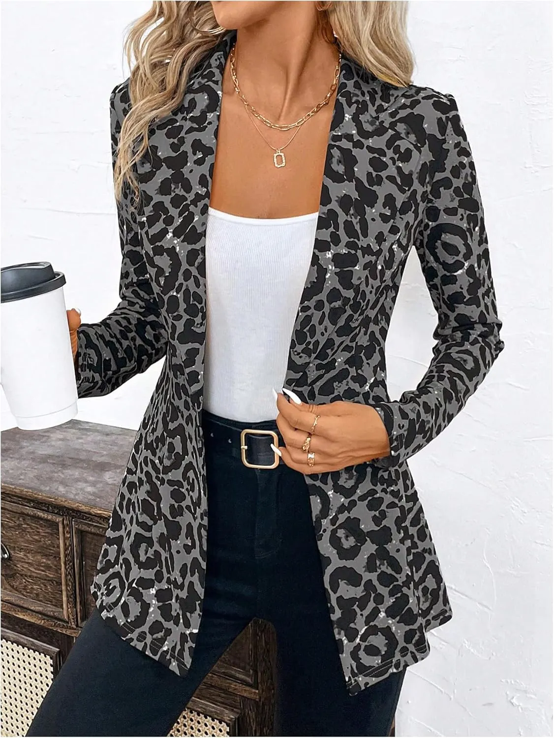 MakeMeChic Women's Houndstooth Blazer Jacket Button Down Long Sleeve Work Casual Blazer