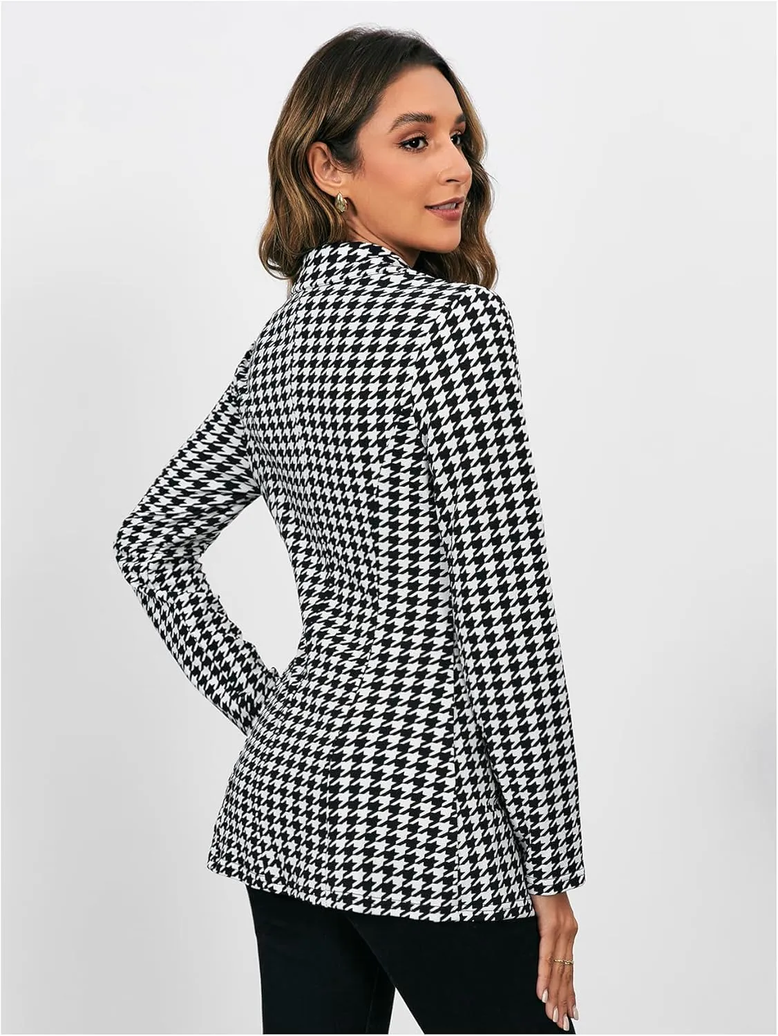 MakeMeChic Women's Houndstooth Blazer Jacket Button Down Long Sleeve Work Casual Blazer