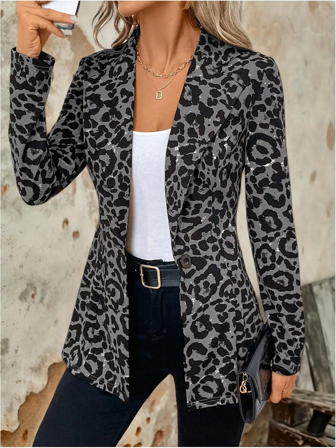 MakeMeChic Women's Houndstooth Blazer Jacket Button Down Long Sleeve Work Casual Blazer