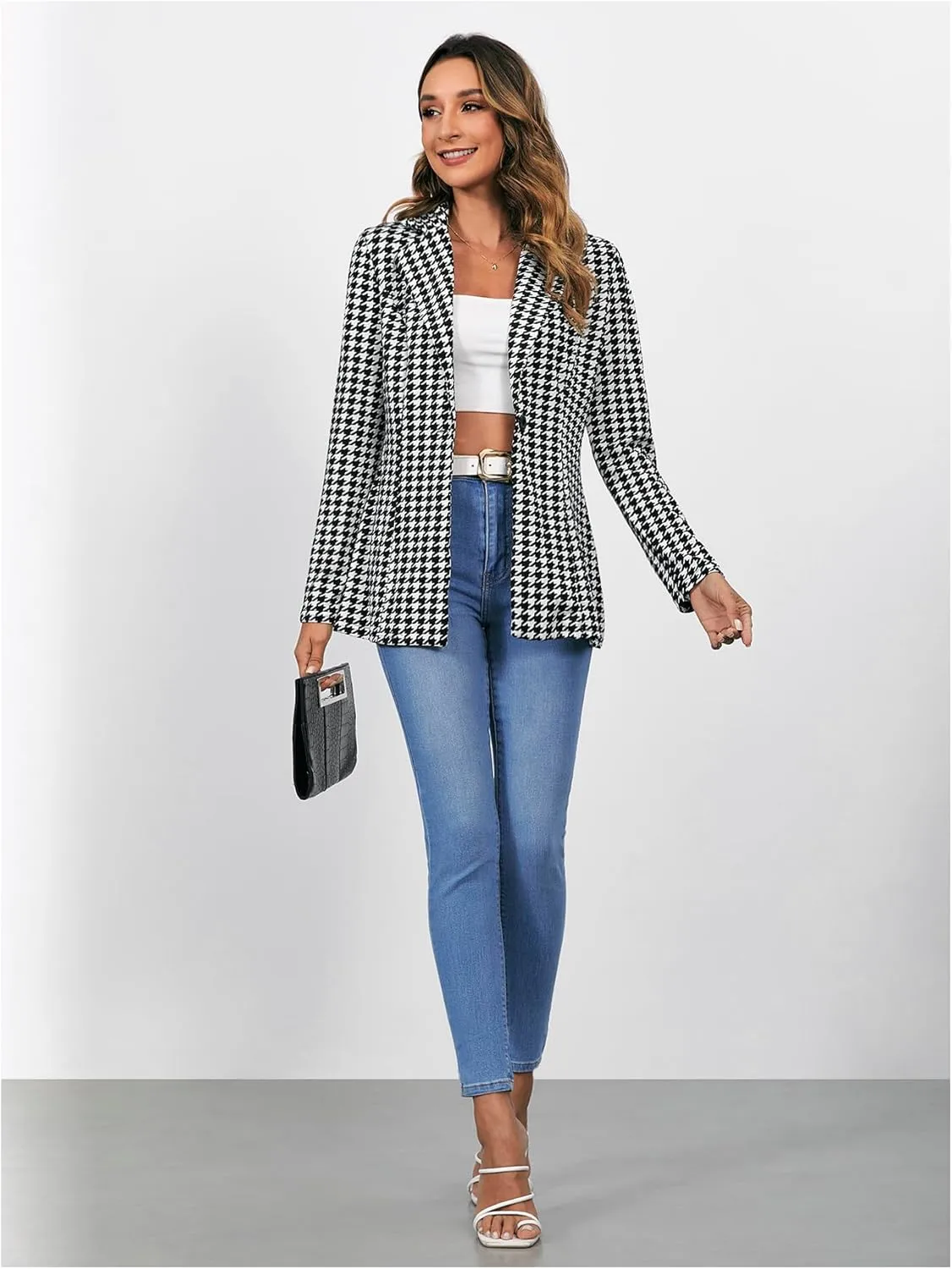 MakeMeChic Women's Houndstooth Blazer Jacket Button Down Long Sleeve Work Casual Blazer