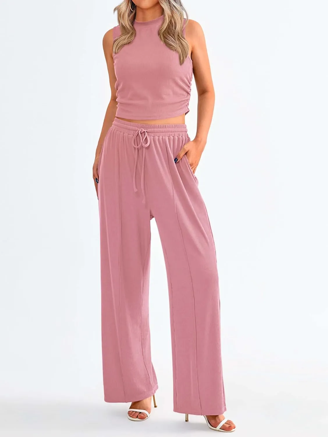 MASCOMODA Womens 2 Piece Outfits 2024 Summer Crewneck Sleeveless Cropped Tank Tops Wide Leg Long Pants Tracksuits Lounge Sets