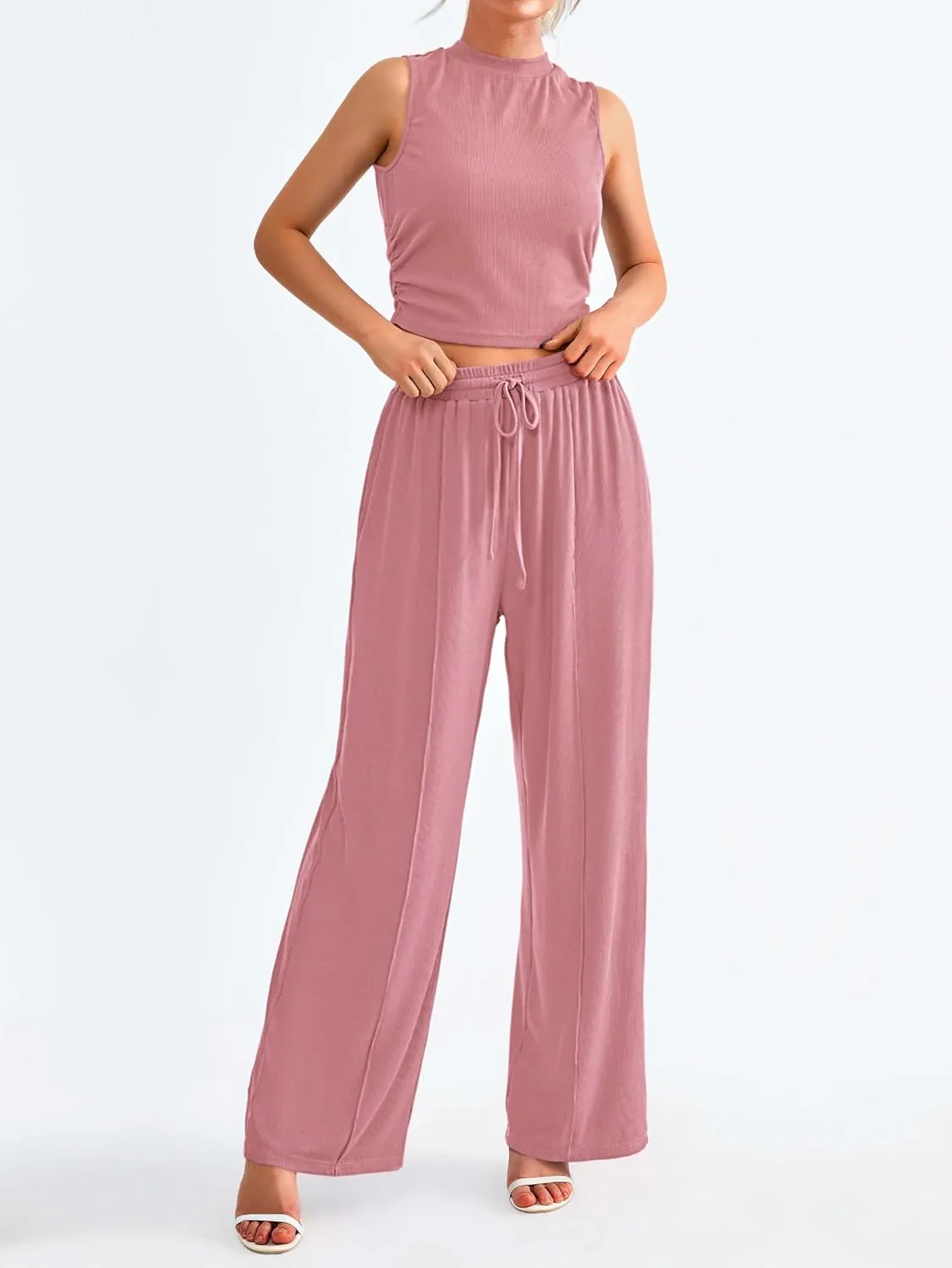 MASCOMODA Womens 2 Piece Outfits 2024 Summer Crewneck Sleeveless Cropped Tank Tops Wide Leg Long Pants Tracksuits Lounge Sets