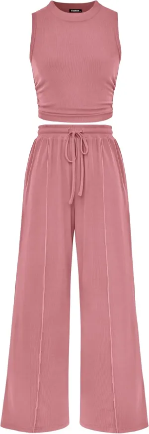 MASCOMODA Womens 2 Piece Outfits 2024 Summer Crewneck Sleeveless Cropped Tank Tops Wide Leg Long Pants Tracksuits Lounge Sets