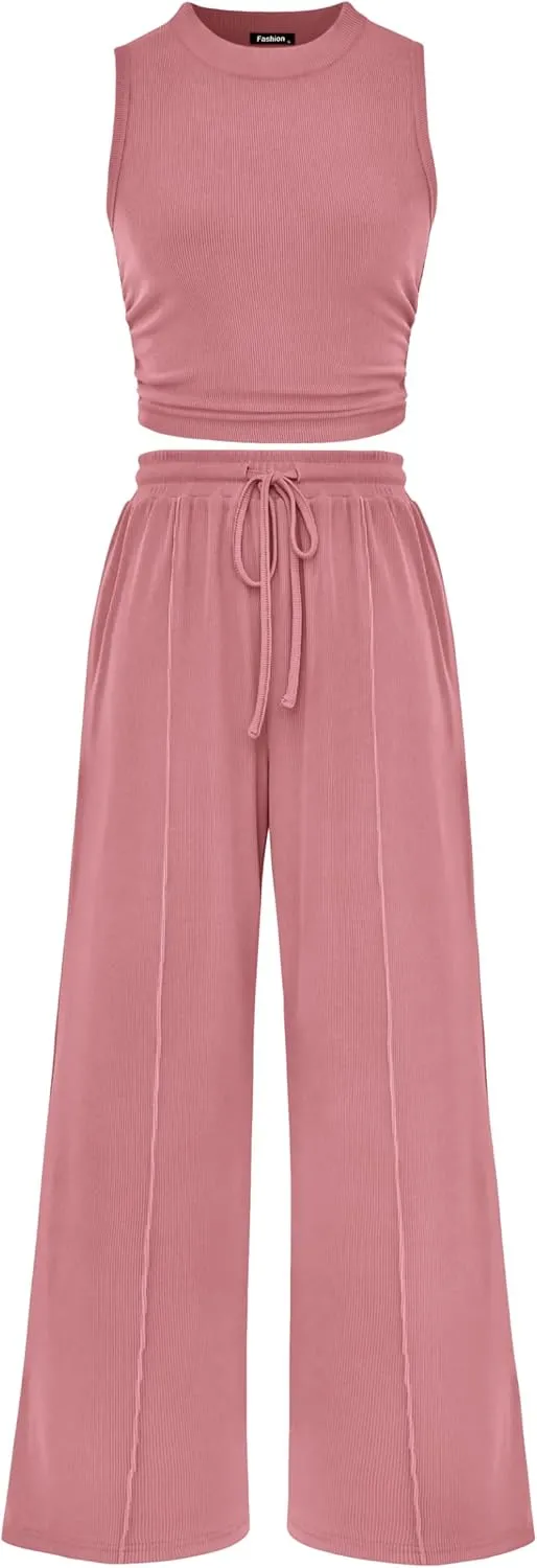 MASCOMODA Womens 2 Piece Outfits 2024 Summer Crewneck Sleeveless Cropped Tank Tops Wide Leg Long Pants Tracksuits Lounge Sets