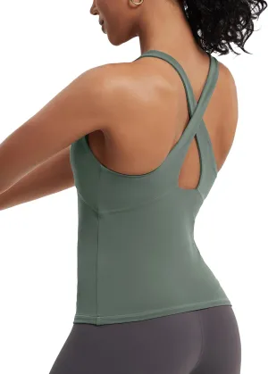 MathCat Womens Cross Back Workout Tank Tops-with Built in Bra, High Neck Athletic Yoga Gym Tank Tops