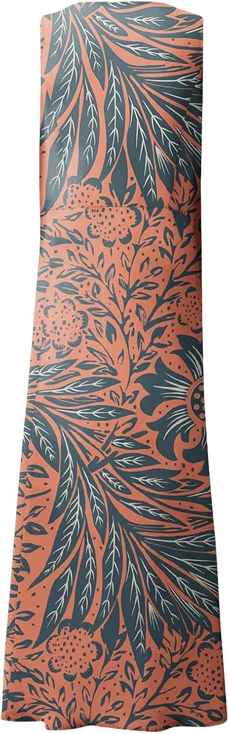Maxi Dress for Women Cotton Linen Floral Print Casual Long Dress Flowy Sleeveless Round Neck Dresses with Pockets