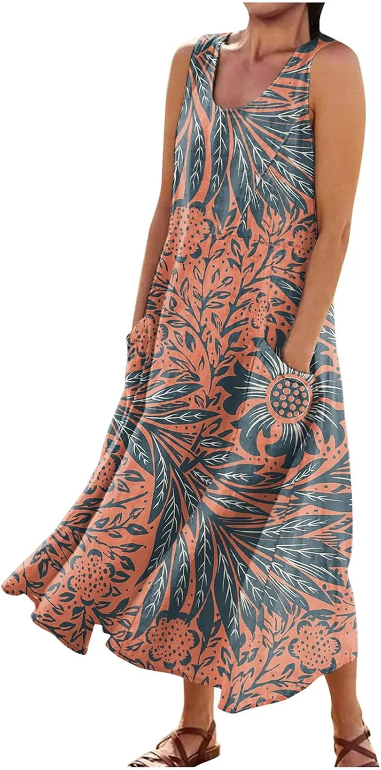 Maxi Dress for Women Cotton Linen Floral Print Casual Long Dress Flowy Sleeveless Round Neck Dresses with Pockets