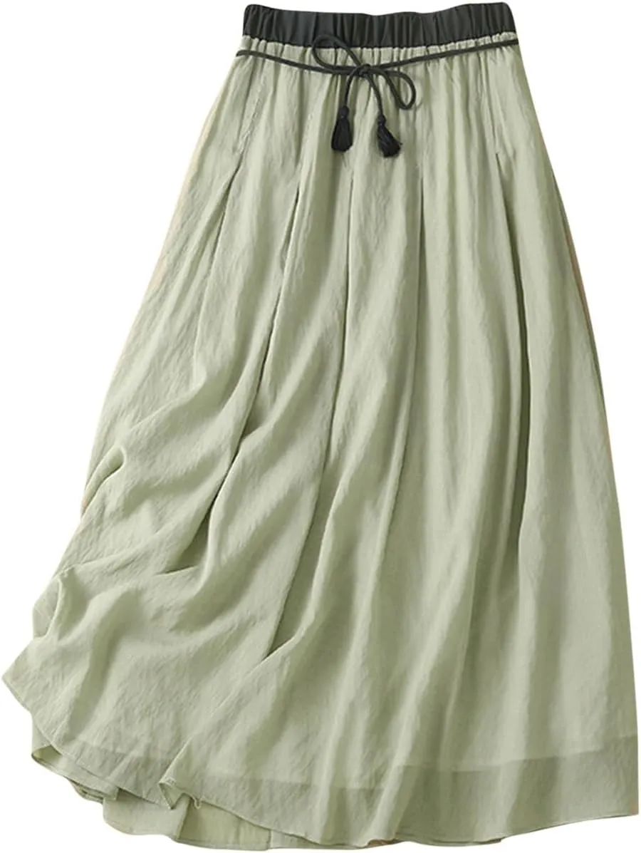 Maxi Skirts for Women Summer Linen High Waist Cotton Retro Double Layered Elastic Solid Flowy Casual Vacation Outfits