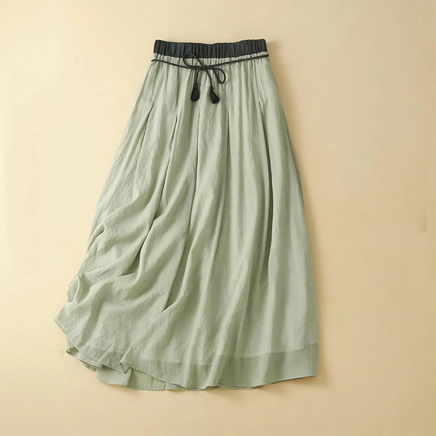 Maxi Skirts for Women Summer Linen High Waist Cotton Retro Double Layered Elastic Solid Flowy Casual Vacation Outfits