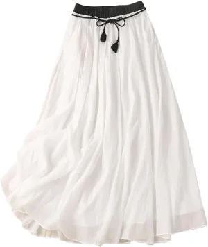 Maxi Skirts for Women Summer Linen High Waist Cotton Retro Double Layered Elastic Solid Flowy Casual Vacation Outfits