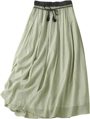 Maxi Skirts for Women Summer Linen High Waist Cotton Retro Double Layered Elastic Solid Flowy Casual Vacation Outfits