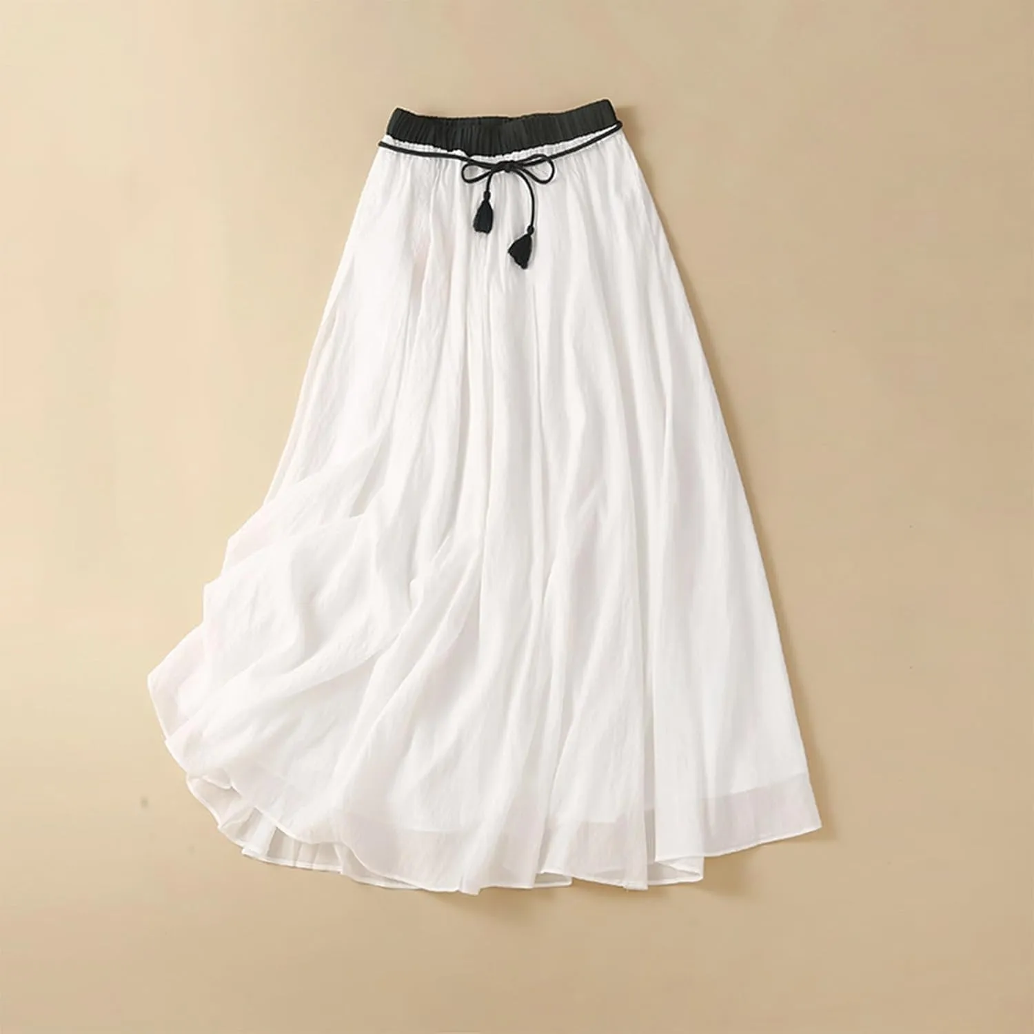 Maxi Skirts for Women Summer Linen High Waist Cotton Retro Double Layered Elastic Solid Flowy Casual Vacation Outfits