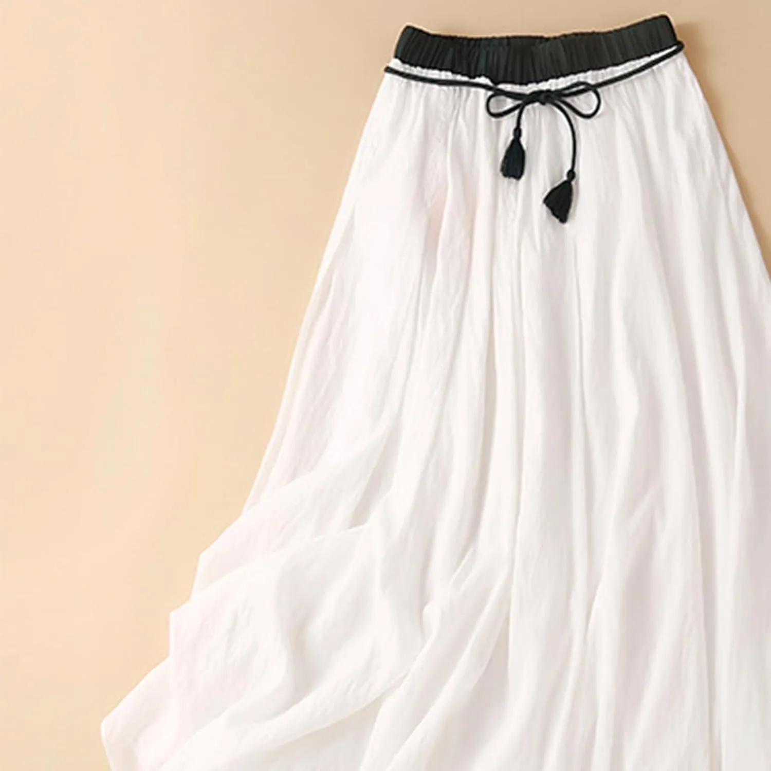Maxi Skirts for Women Summer Linen High Waist Cotton Retro Double Layered Elastic Solid Flowy Casual Vacation Outfits