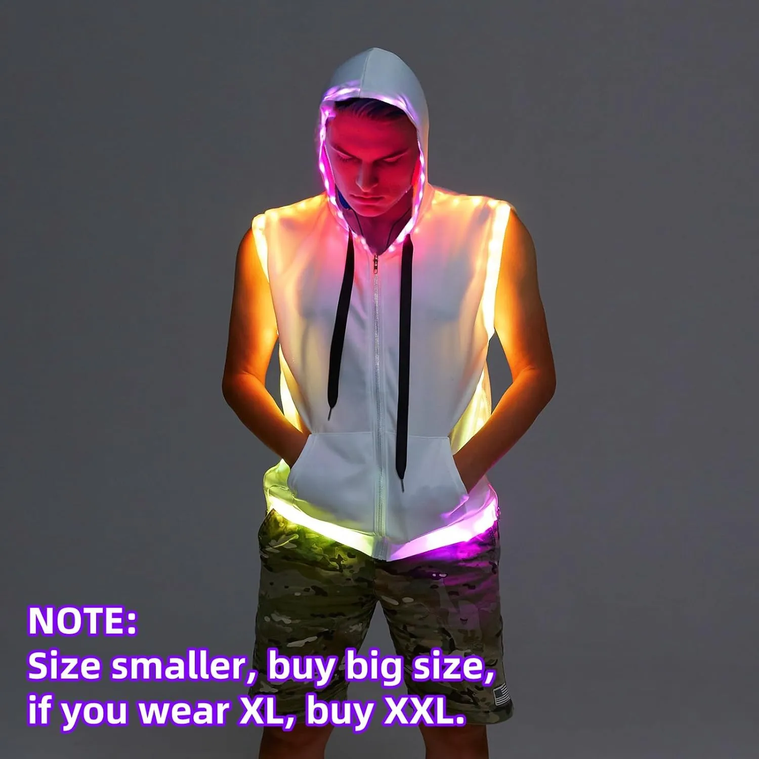 Men White Hooded Tank LED Light Up Sync Burning Man Rave Tops Night Club Show for Halloween Dance Party
