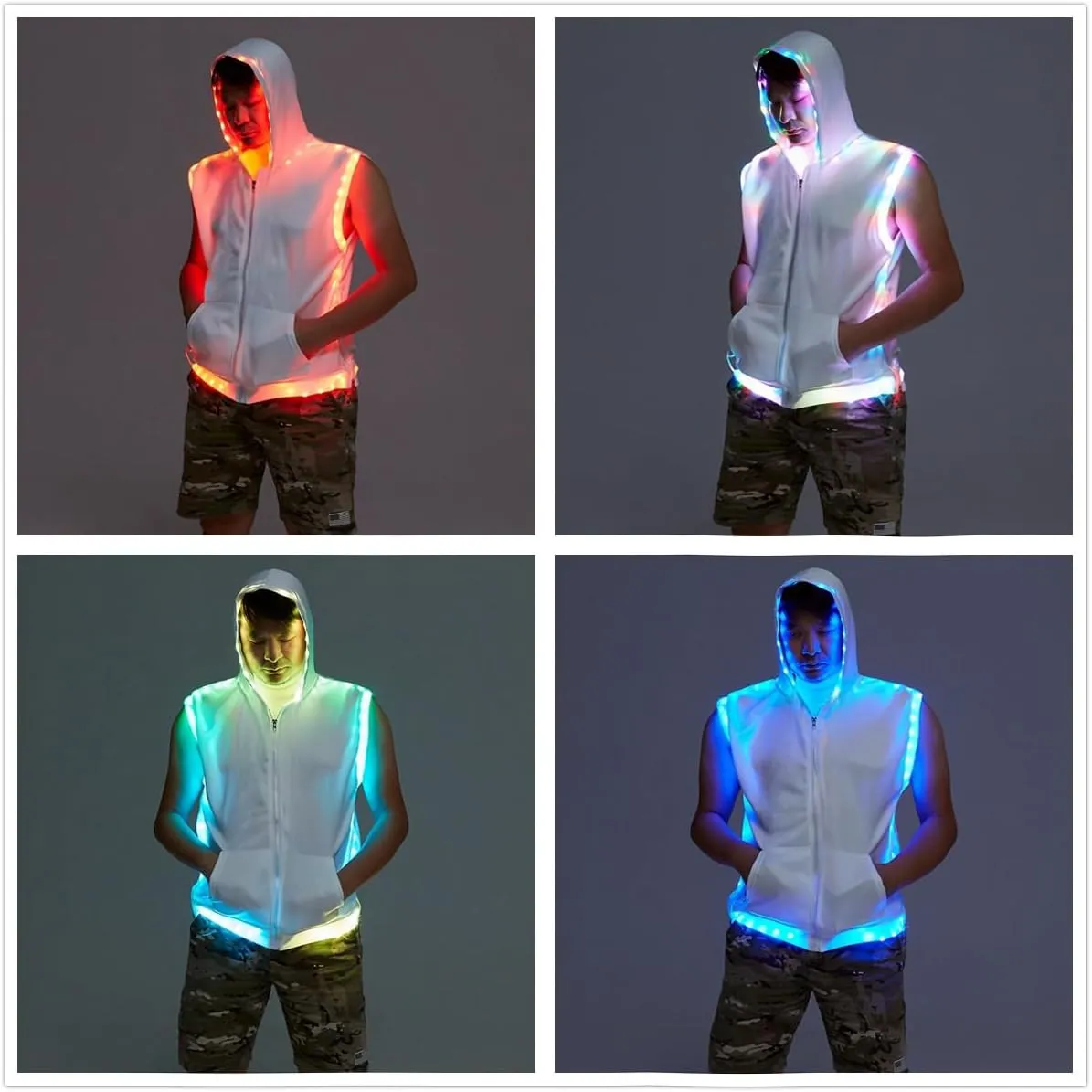 Men White Hooded Tank LED Light Up Sync Burning Man Rave Tops Night Club Show for Halloween Dance Party