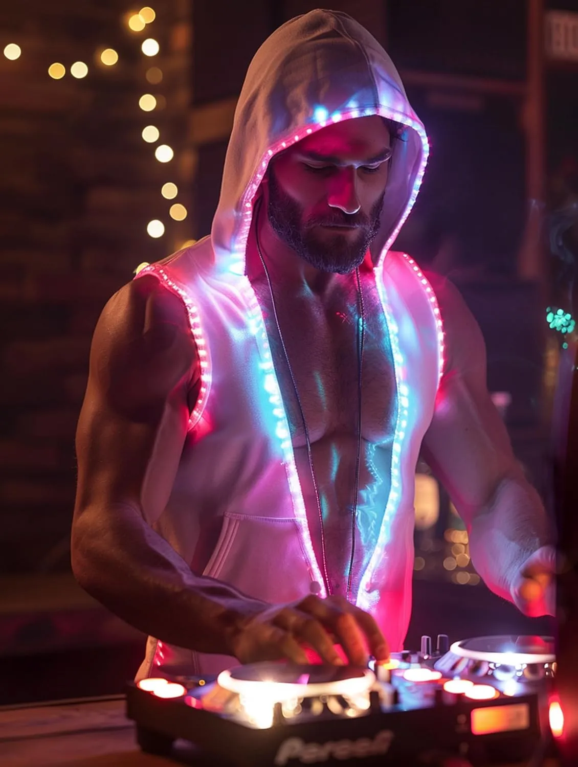 Men White Hooded Tank LED Light Up Sync Burning Man Rave Tops Night Club Show for Halloween Dance Party