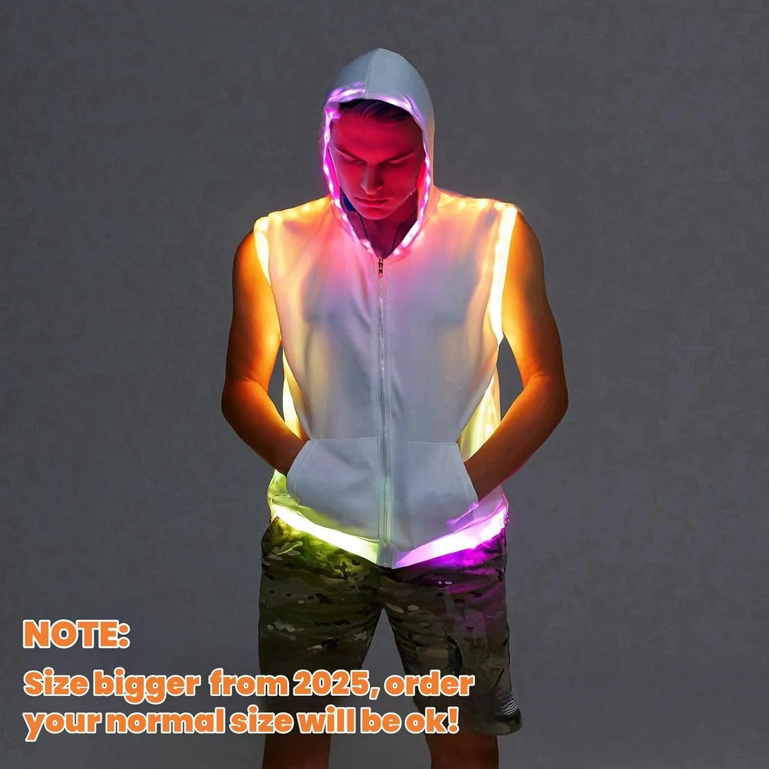 Men White Hooded Tank LED Light Up Sync Burning Man Rave Tops Night Club Show for Halloween Dance Party