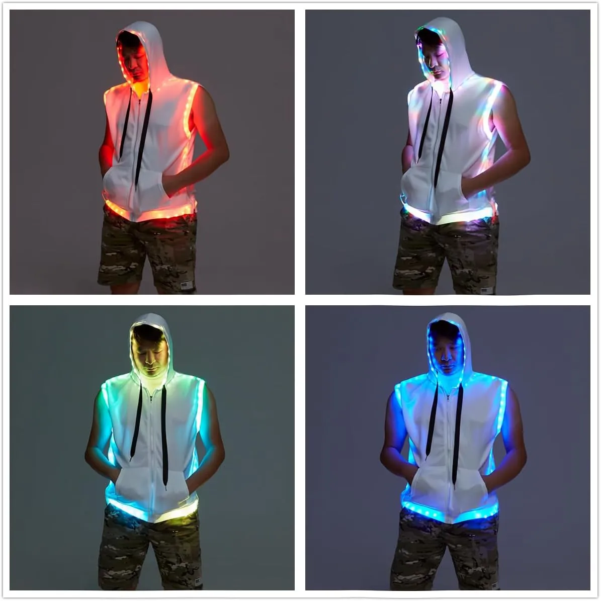 Men White Hooded Tank LED Light Up Sync Burning Man Rave Tops Night Club Show for Halloween Dance Party