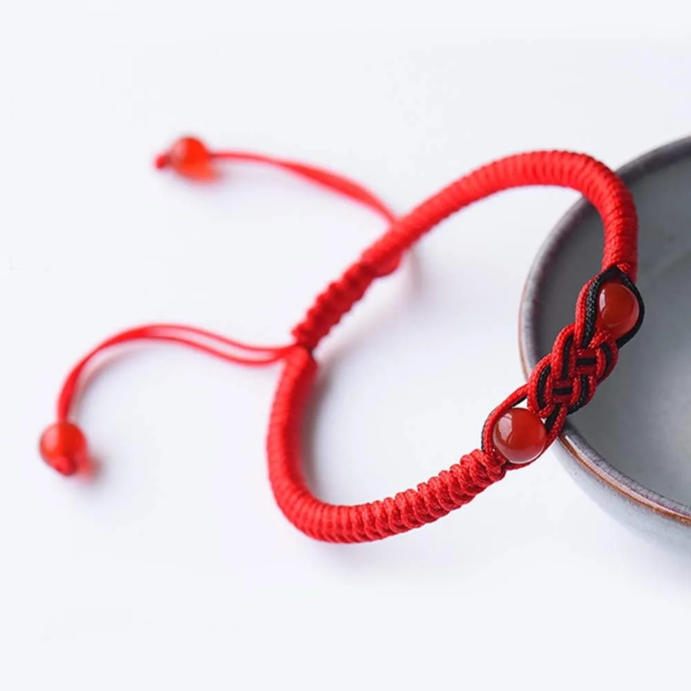 Men Women Hand-Woven Chinese Knot Black and Red Rope Couple Bracelets Natural Agate Stone Beads Braided Lucky Feng Shui Bracelet Love Jewelry