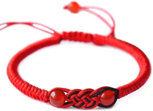 Men Women Hand-Woven Chinese Knot Black and Red Rope Couple Bracelets Natural Agate Stone Beads Braided Lucky Feng Shui Bracelet Love Jewelry