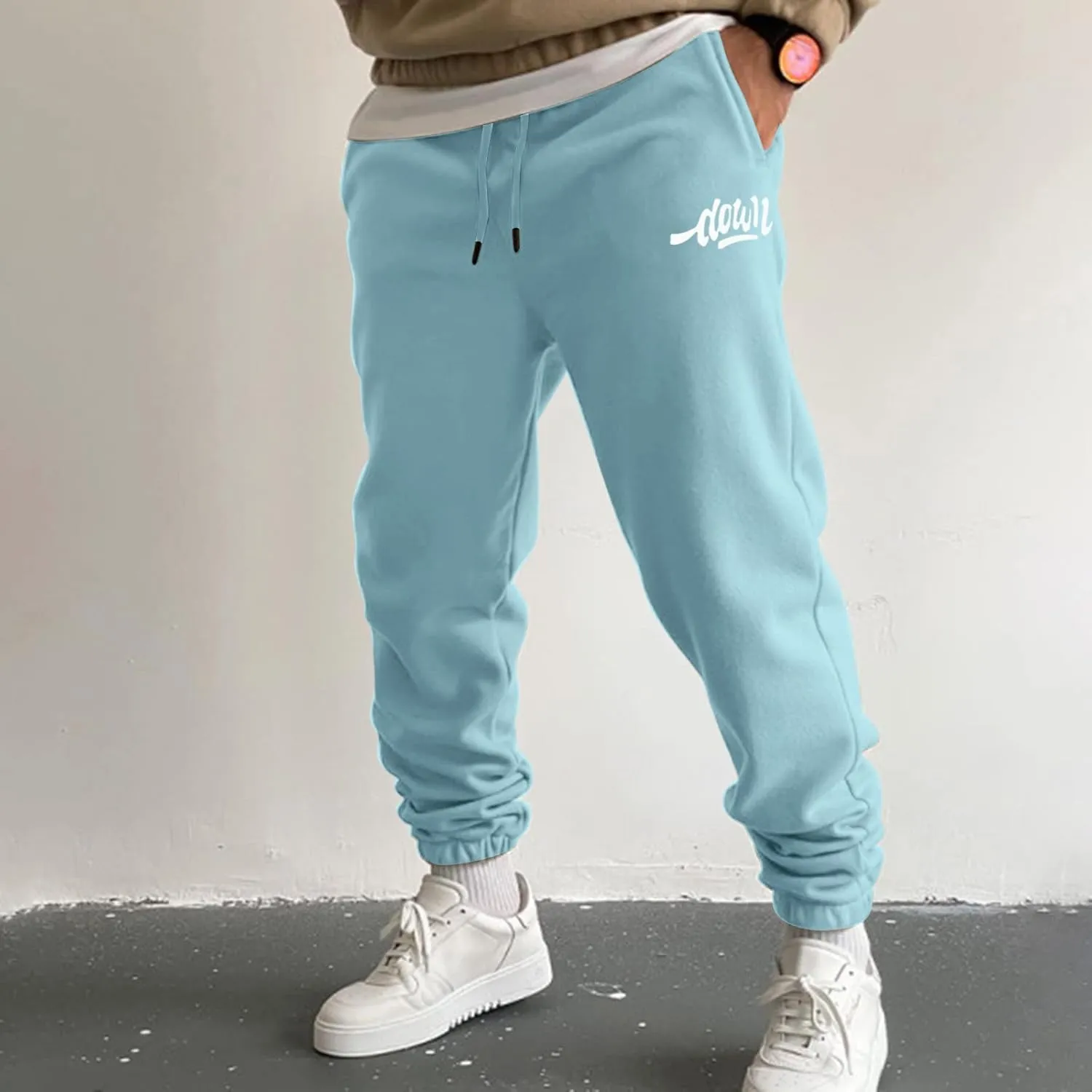 Mens Autumn and Winter High Street Fashion Leisure Loose Sports Running Solid Color Lace Up Pants Sweater Sport