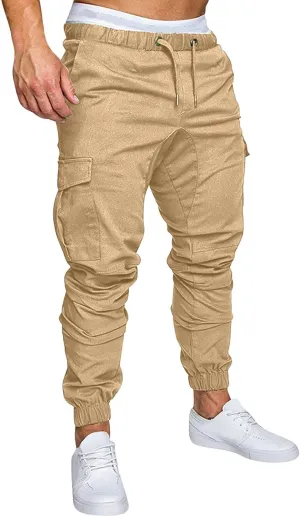 Mens Cargo Pants Slim Fit Drawstring Stretch Joggers Tapered Causal Fashion Solid Athletic Sweatpants Fall Trousers